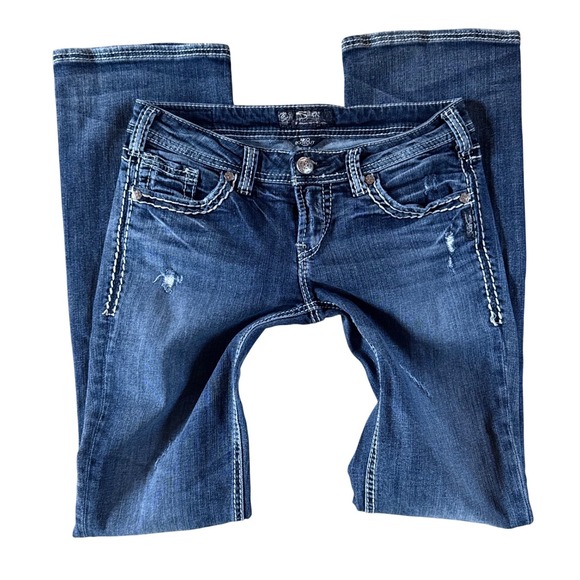 Silver Jeans Co. Denim - Silver Jeans Co Aiko Bootcut Distressed Medium Wash Thick Stitch Jeans Womens